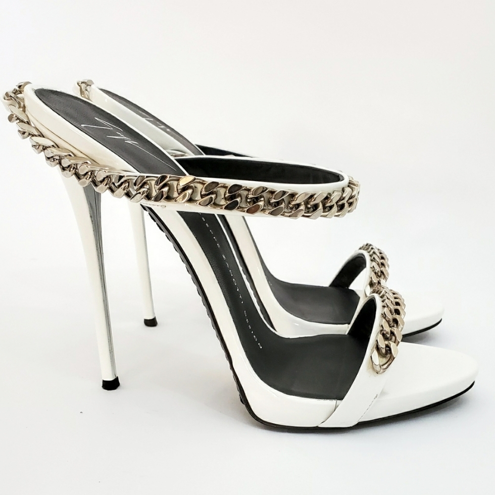 37.5 White Patent Leather Chain Link Mule Stiletto